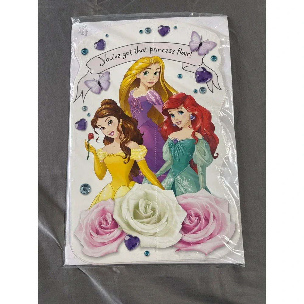 Disney Princess Birthday Card Belle Ariel Rapunzel Gemstone Glitter Oversize 3pk